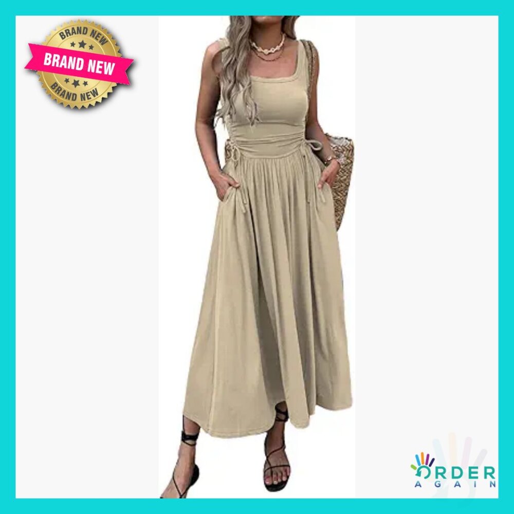 Boho Maxi Dress Sleeveless Casual Ruched Sundress Adjustable Waist Pockets